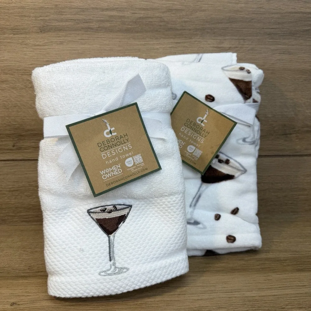 Deborah Connolly Designs Espresso Martini Hand Towel Set Of 4 White Embroidered